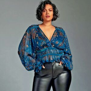 Maeve Sheer Metallic Dolman Blouse w/ Velvet Trim  in Blue 3X  NWOT